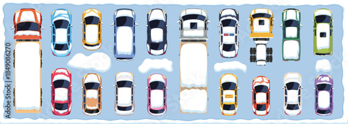 Top down view of snow covered cars in a winter scene. Vector illustration