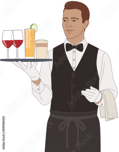 people food, waiter carrying a tray of alcoholic drinks isolated on a white background