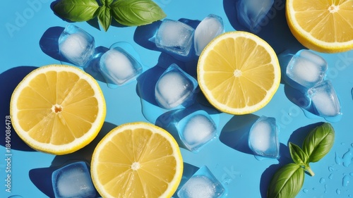 Fresh lemon slices, ice cubes, and basil leaves on a vibrant blue background with water droplets