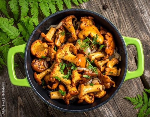 Chanterelle mushrooms saut?ed in a green pan, garnished with herbs, atop rustic wooden table with fern sprigs