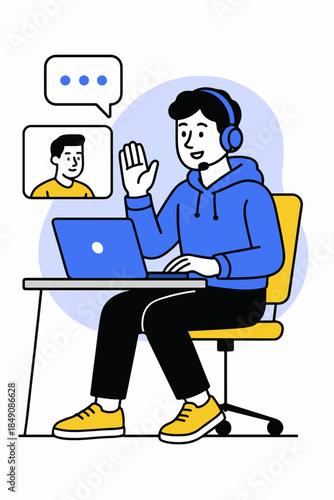 Office Worker Using Laptop And Headset Illustration