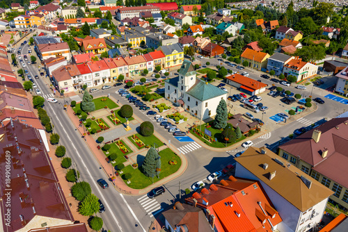Aerial view of old town center with historic Ratusz Town Hall at Rynek market square of Sedziszow Malopolski town in Podkarpacie region of Lesser Poland