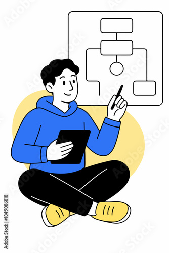 Man Sitting And Presenting Workflow Diagram Illustration