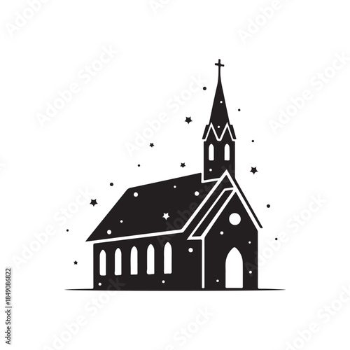 Minimalist Black Church Illustration with Stars on White Background
