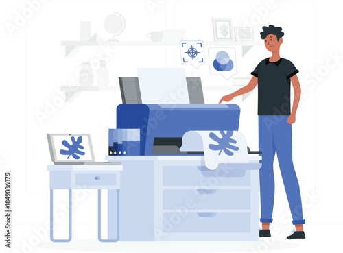 Man standing next to large blue office printer with laptop on desk person desig