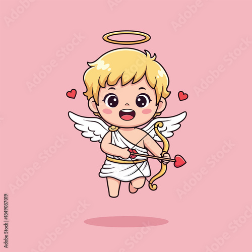 Cute cartoon Cupid character with golden halo white wings bow and hearttipped arrow.
