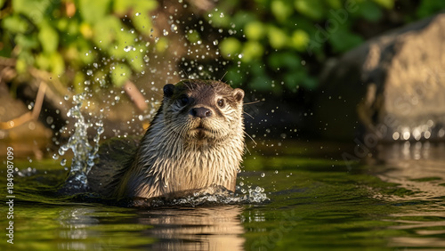 North american river otter splashing in water during golden hour sunlight