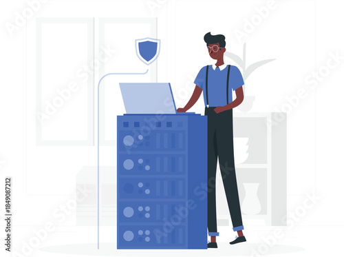 Man standing next to server with laptop and shield computer