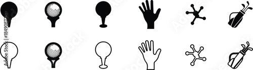 Black Golf Flat Line Style Vector Icon Set, Sports Equipment Symbol Collection and Recreation Outline Graphic Group Featuring Club, Ball, Tee and Course Elements