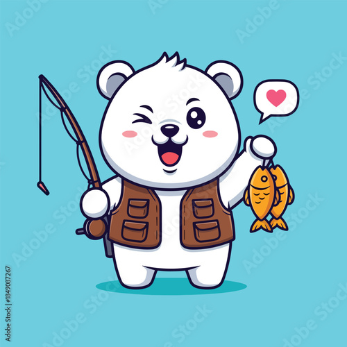 Cute cartoon polar bear fisherman holding fish and rod winking happily.