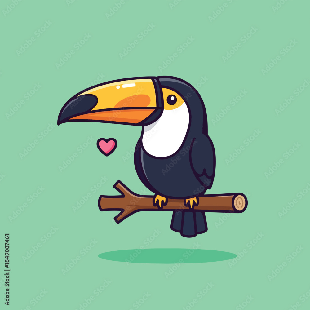 Naklejka premium Cute cartoon toucan bird with big colorful beak perched on a branch showing love.
