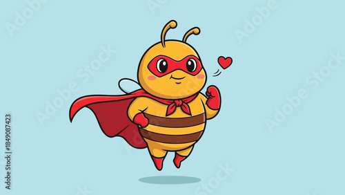 Cute cartoon superhero bee character with red mask cape and heart.