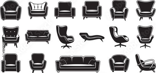 Collection of vintage black silhouettes of various chairs and sofas