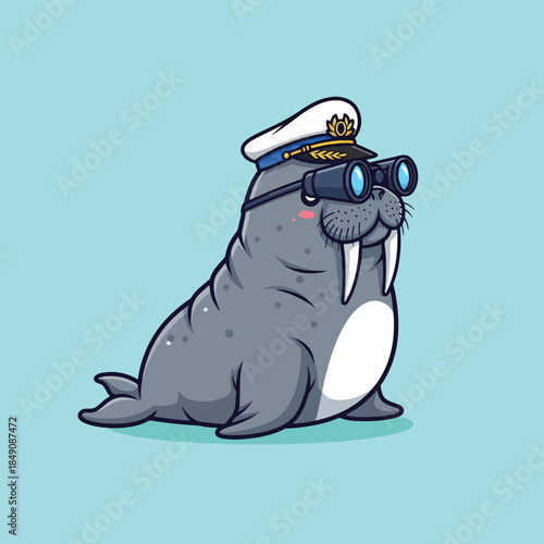 Cute Cartoon Walrus Captain with Binoculars and Sailor Hat.