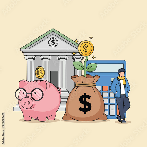 Financial savings and investment growth with piggy bank money bag and bank building.