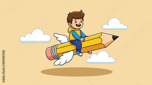 Happy cartoon boy flying on a winged pencil through the sky.