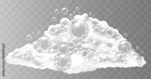 White soap foam with shiny bubbles on a transparent background. Vector illustration