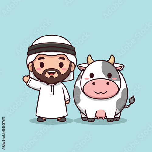 Happy cartoon Middle Eastern man in white thobe and ghutra with a friendly spotted cow.