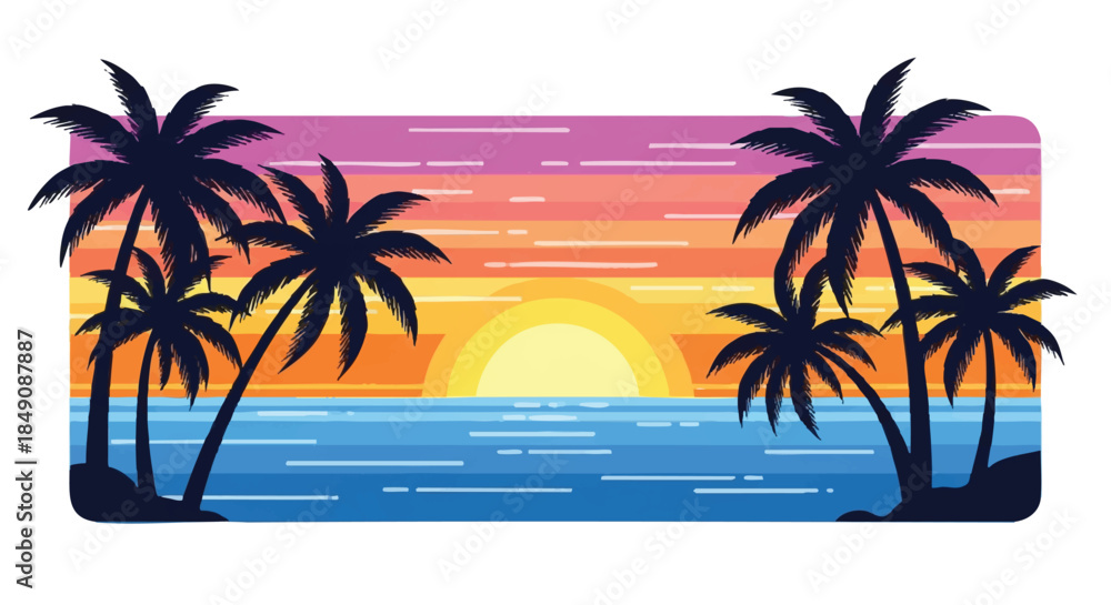 Fototapeta premium Tropical sunset flat 2D illustration featuring silhouetted palm trees and an expansive ocean view, creating a peaceful, warm, Hawaii-style scene isolated on white.