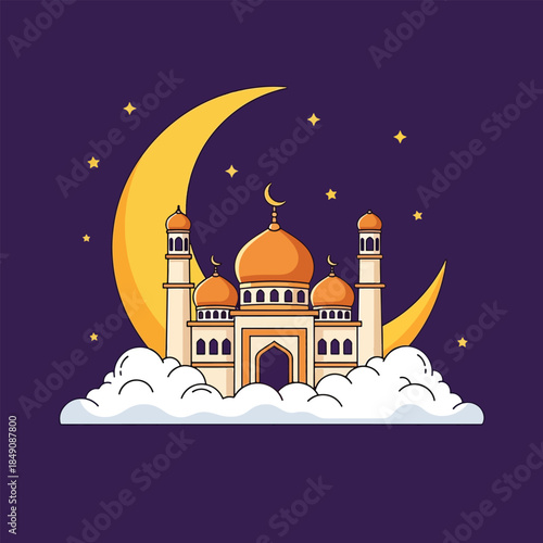 Stylized mosque with golden domes minarets crescent moon and stars.