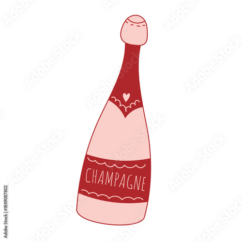 Cute champagne bottle with heart detail. Festive Valentine drink illustration for romantic holiday designs.