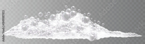 Realistic clean soap foam and air bubbles isolated on transparent background. Vector illustration