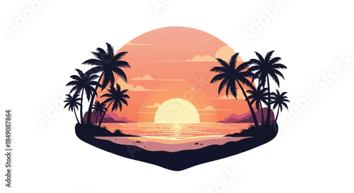 Warm tropical beach sunset 2D flat illustration showcasing towering palm trees and tranquil ocean waves, beautifully isolated on a clean white background.