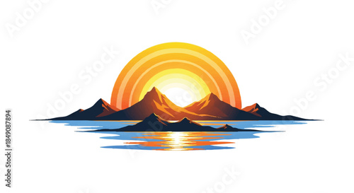 A beautiful 2D flat vector illustration captures a stunning warm sunrise over tranquil island mountains, rendered minimally against a clean white background.