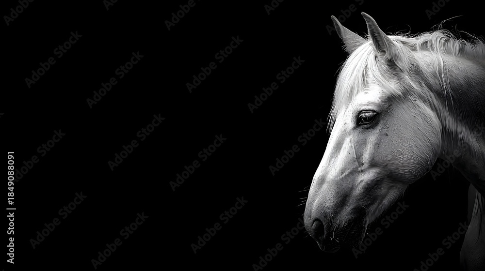 Fototapeta premium Elegant White Horse Head Profile Majestic Black Background.