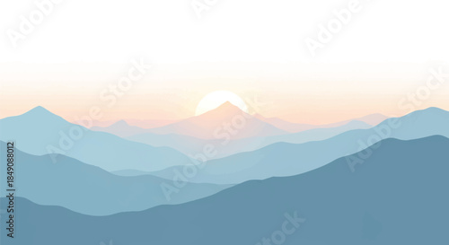 A peaceful flat 2D vector illustration features a vibrant morning sunrise peaking over rolling mountain peaks with soft tropical light, set against a clean white background.