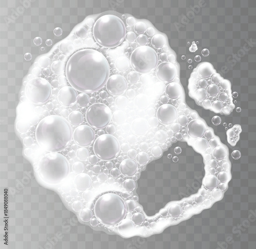 Soft white soapy lather with glossy bubbles on a transparent background. Vector illustration