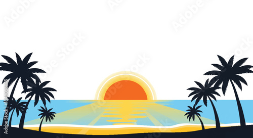 Vibrant 2D flat design sunrise illuminating a peaceful tropical coast scene with stylized palm trees, warm yellow sun rays, and calm ocean waters isolated on a clean white backdrop.
