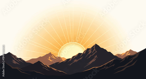 Flat 2D vector illustration of a tranquil sunrise illuminating dark mountain silhouettes with warm golden light isolated against a plain white background.