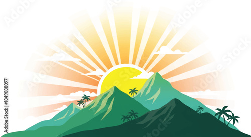 Vibrant flat vector illustration depicts a warm summer sunrise casting golden light upon serene tropical mountains above a clean white surface.