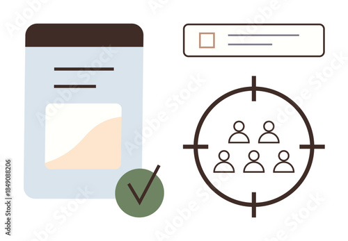 Document with graph, checkbox, and target scope focusing on audience. Ideal for marketing, analytics, planning, evaluation, focus precision communication. Simple flat metaphor