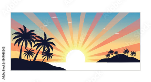 Tropical sunrise flat 2D vector illustration showing dark island silhouettes and golden sunlight rays spreading upwards on a simple white background.