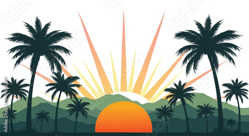 A vibrant 2D flat illustration captures a beautiful tropical sunrise scene featuring warm glowing sun rays extending over clean mountain silhouettes, isolated against a crisp white background.