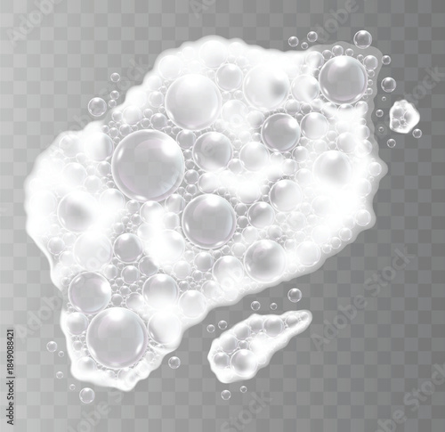 Realistic soap suds and shiny bubbles on transparent background. Vector illustration