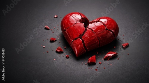 Broken heart lying among scattered fragments symbolizing emotional pain, separation and fragile connection portrayed through clean minimal composition highlighting dramatic tension in symbolic scene