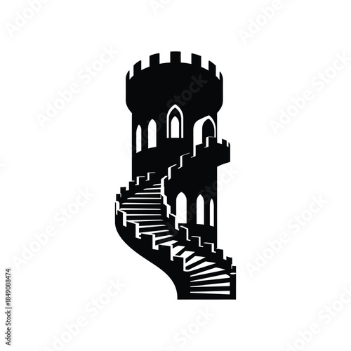 A medieval castle tower with a winding spiral staircase silhouette vector illustration