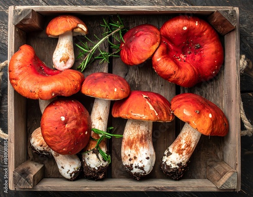 Wooden crate filled with various reddish-orange mushrooms and green sprigs, atop a dark wood surface