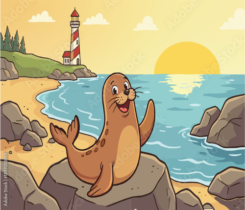 Cute Cartoon Sea Lion Waving on a Beach at Sunset