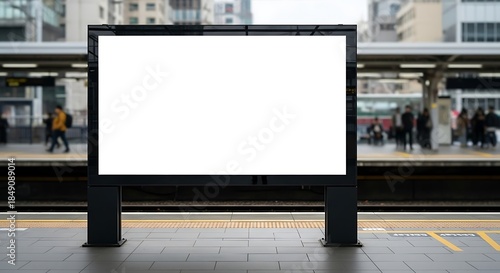 Blank billboard with a white screen on a train station platform, offering a clear advertising space for marketing campaigns and promotional messages
