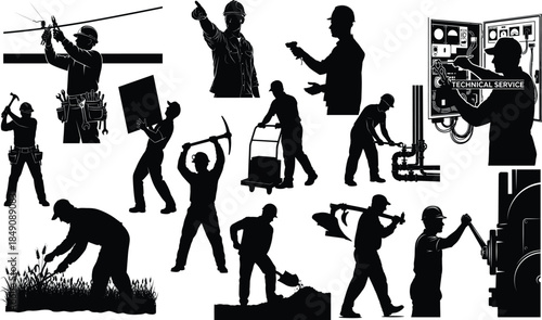 This vector collection features worker silhouettes representing various professions and labor activities,The minimal and high-contrast silhouette style makes the artwork versatile and easy to integrat