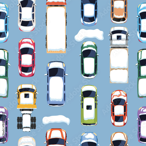 Winter cars and trucks top view pattern vector illustration