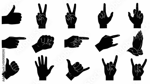 Collection of diverse hand gestures and symbols in silhouette form.