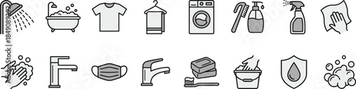 Cleaning, laundry, hygiene, icons, set, outline, style, washing, housekeeping, bathroom, kitchen, sanitation, services, symbols, soap, water, detergent, home, care, vector