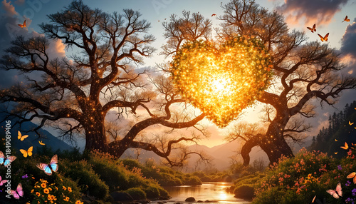 A beautiful scene of a heart made of trees with butterflies flying around it