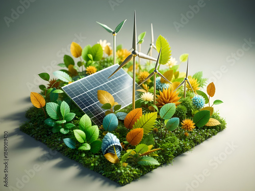 A green field with a solar panel and wind turbines