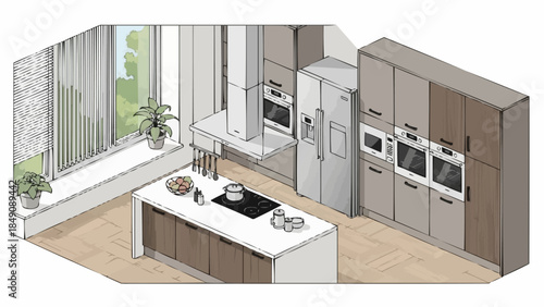 Modern Kitchen Island with Sleek Cabinets and Appliances.